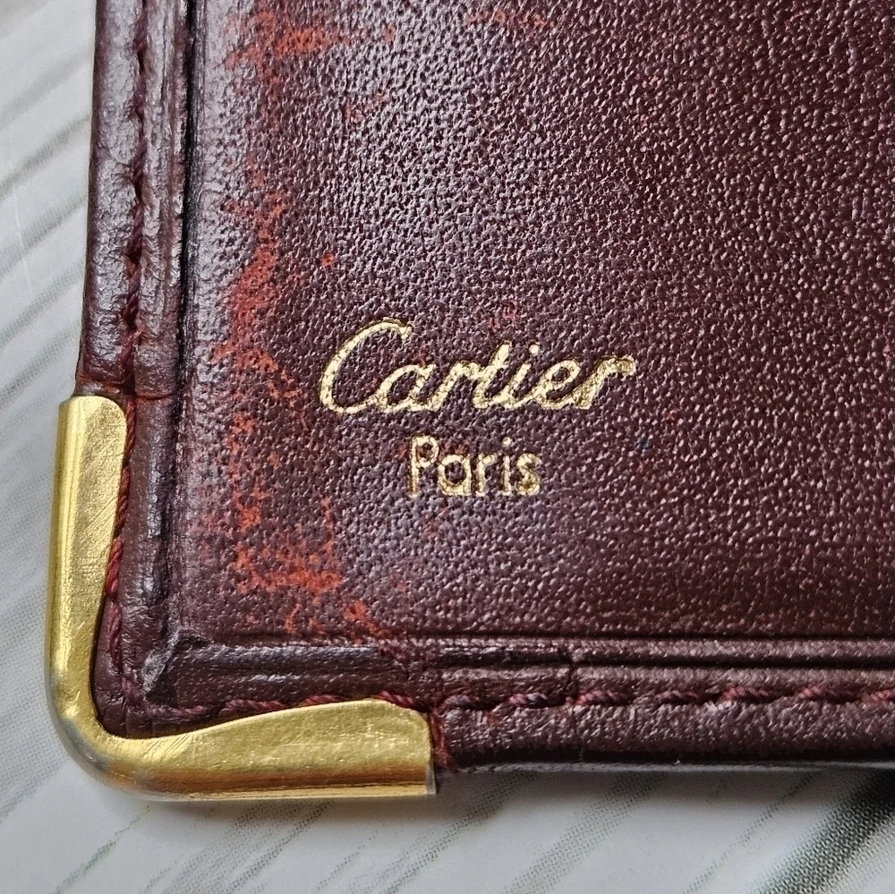 Cartier Vintage Must De Bi Fold Wallet with Coin Pouch in Burgundy Leather